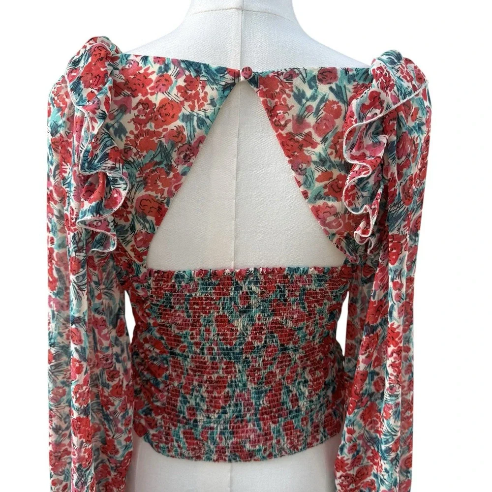 Free People XS Floral Ruched Crop Top Sheer Puff Sleeve Open Back Boho Blouse
